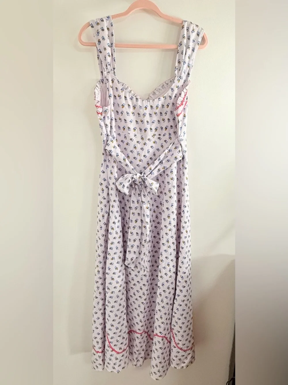 Free People White Midi Dress with Blue Floral Print and Pink Trim